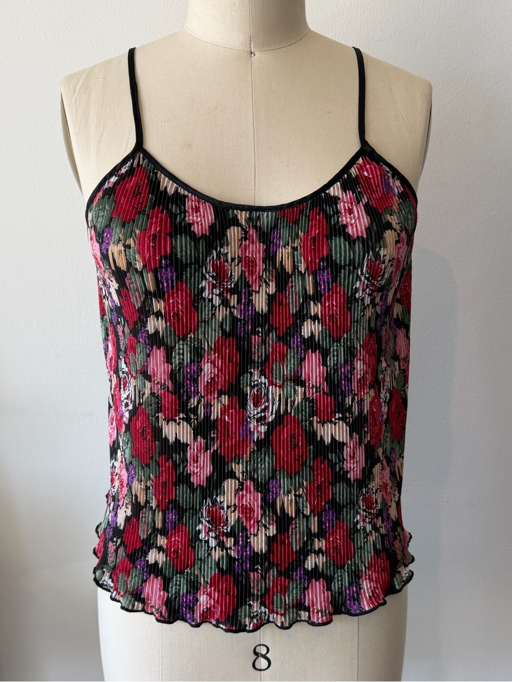 Floral Pleated Spaghetti-Strap Cami in Black & Pink